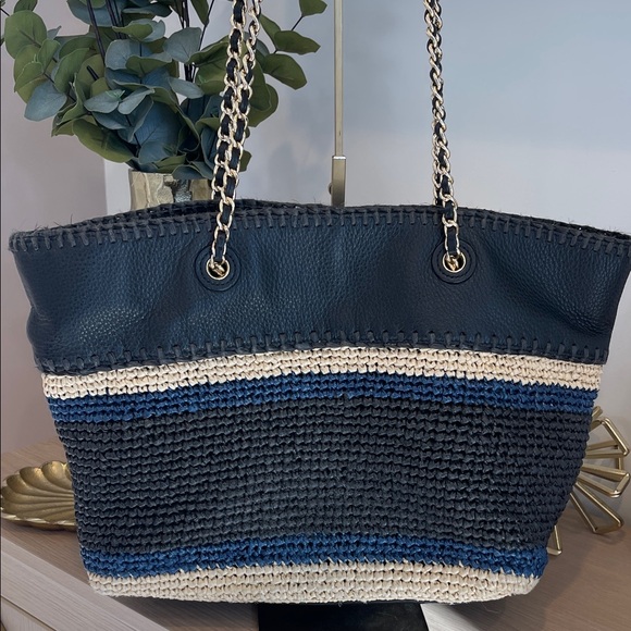 Tory Burch Black, Cream and Navy Woven Tote - Picture 6 of 8